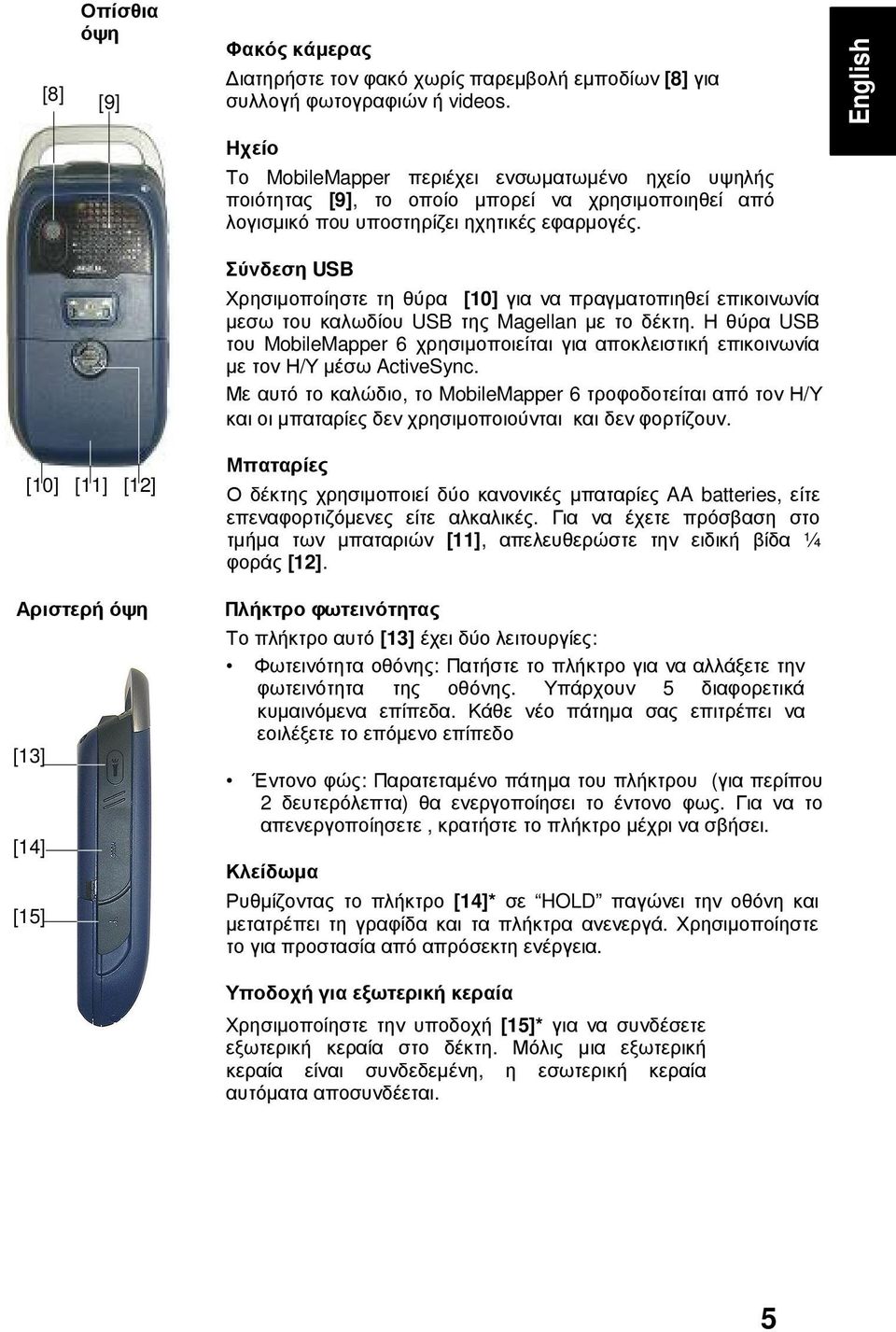 Σύνδεση USB Χρησιµοποίηστε τη θύρα [10] για να πραγµατοπιηθεί επικοινωνία µεσω του καλωδίου USB της Magellan µε το δέκτη.