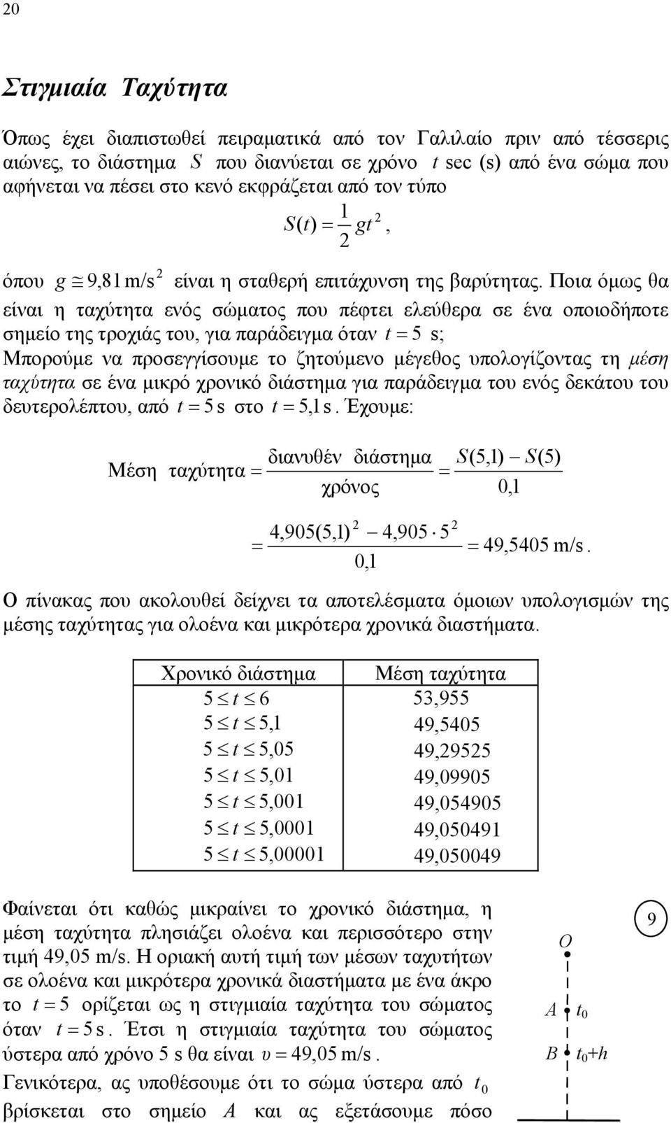 όταν t 5 s; Μπορούμε να προσεγγίσουμε το ζητούμενο μέγεθος υπολογίζοντας τη μέση ταχύτητα σε ένα μικρό χρονικό διάστημα για παράδειγμα του ενός δεκάτου του δευτερολέπτου, από t 5 s στο t 5, s Έχουμε: