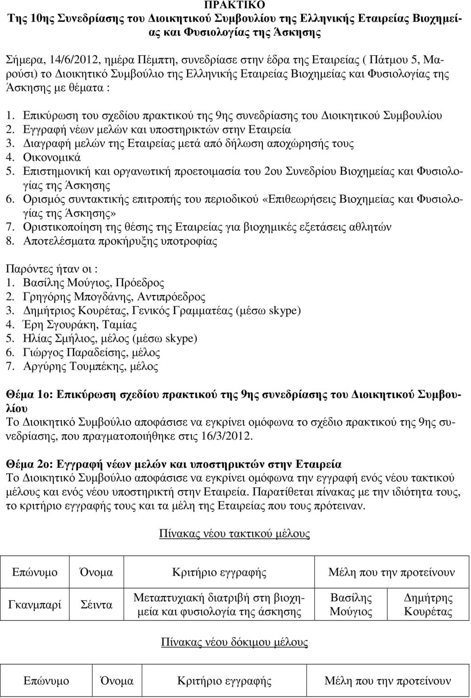 Εγγραφή νέων µελών και υποστηρικτών στην Εταιρεία 3. ιαγραφή µελών της Εταιρείας µετά από δήλωση αποχώρησής τους 4. Οικονοµικά 5.