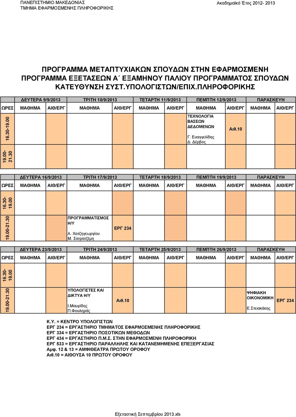 Ευαγγελίδης Δ. Δέρβος - ΔΕΥΤΕΡΑ 16/9/2013 ΤΡΙΤΗ 17/9/2013 ΤΕΤΑΡΤΗ 18/9/2013 ΠΕΜΠΤΗ 19/9/2013 ΠΑΡΑΣΚΕΥΗ - ΠΡΟΓΡΑΜΜΑΤΙΣΜΟΣ Η/Υ Α. Χατζηγεωργίου Μ.