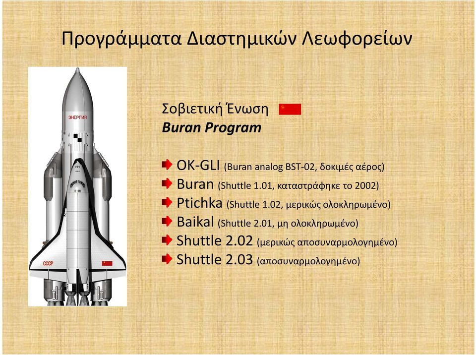 01, καταστράφηκε το 2002) Ptichka (Shuttle 1.