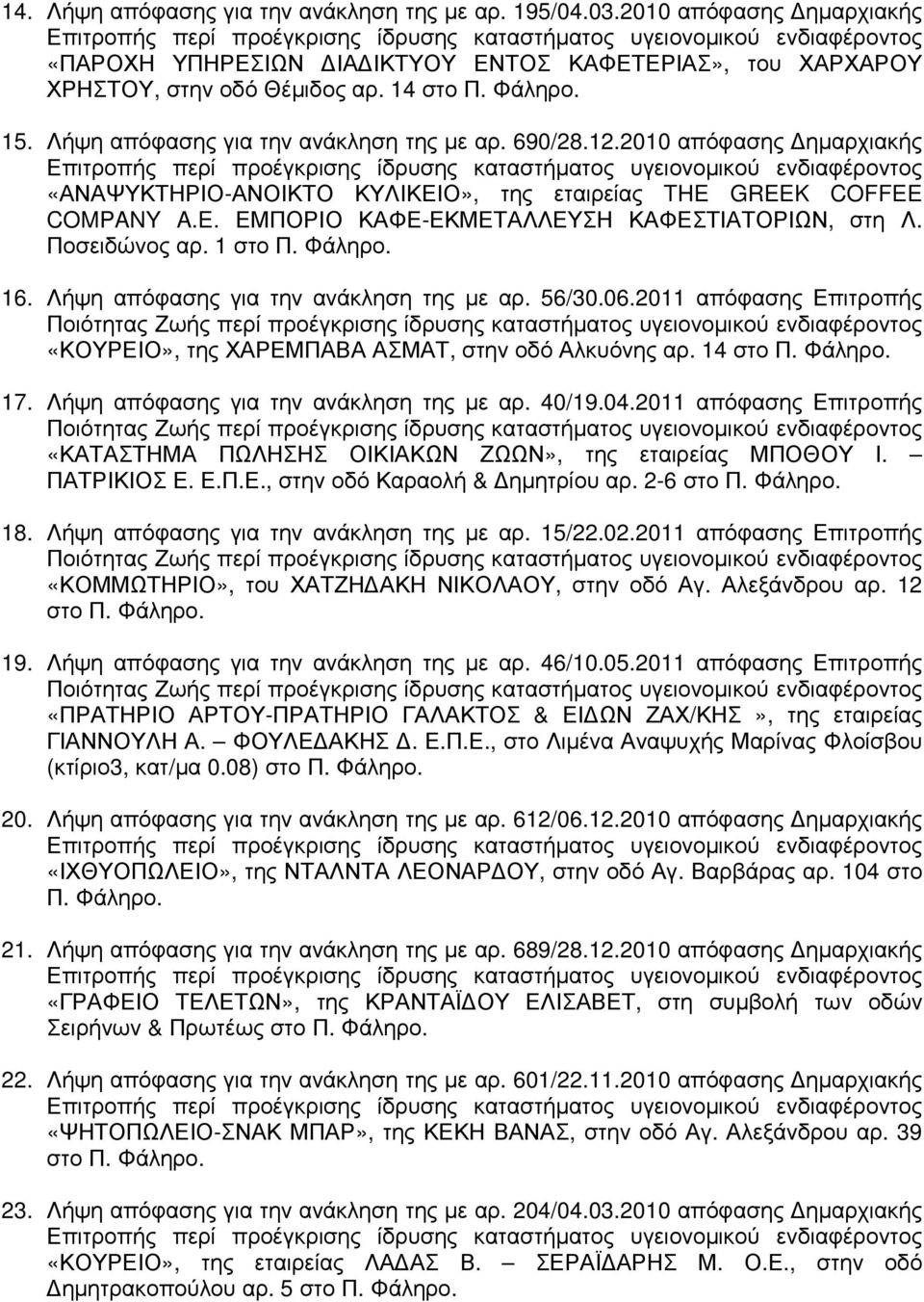 Ποσειδώνος αρ. 1 16. Λήψη απόφασης για την ανάκληση της µε αρ. 56/30.06.2011 απόφασης Επιτροπής «ΚΟΥΡΕΙΟ», της ΧΑΡΕΜΠΑΒΑ ΑΣΜΑΤ, στην οδό Αλκυόνης αρ. 14 17. Λήψη απόφασης για την ανάκληση της µε αρ. 40/19.