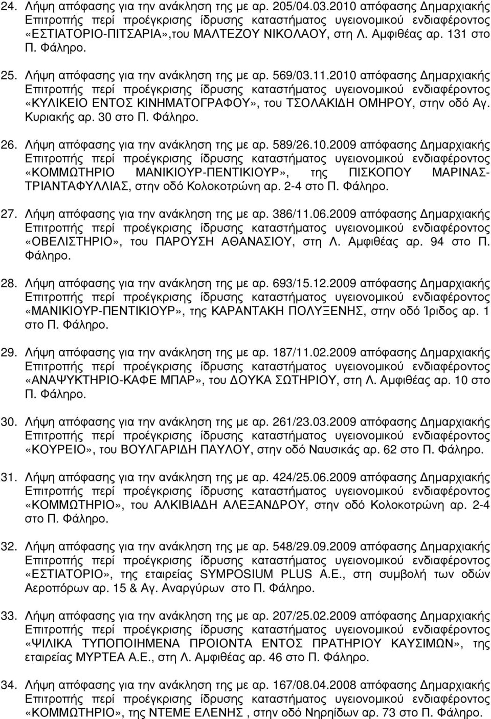 2-4 27. Λήψη απόφασης για την ανάκληση της µε αρ. 386/11.06.2009 απόφασης ηµαρχιακής «ΟΒΕΛΙΣΤΗΡΙΟ», του ΠΑΡΟΥΣΗ ΑΘΑΝΑΣΙΟΥ, στη Λ. Αµφιθέας αρ. 94 στο Π. 28. Λήψη απόφασης για την ανάκληση της µε αρ. 693/15.