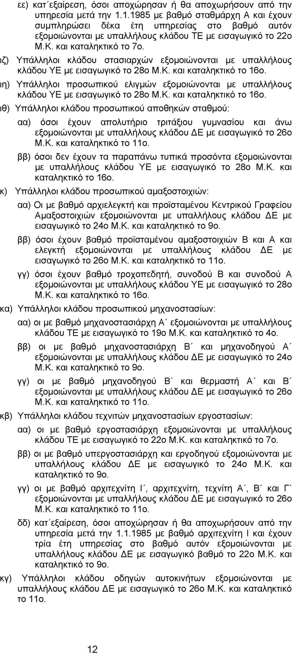 ιζ) Υπάλληλοι κλάδου στασιαρχών εξομοιώνονται με υπαλλήλους κλάδου ΥΕ με εισαγωγικό το 28ο Μ.Κ. και καταληκτικό το 16ο.