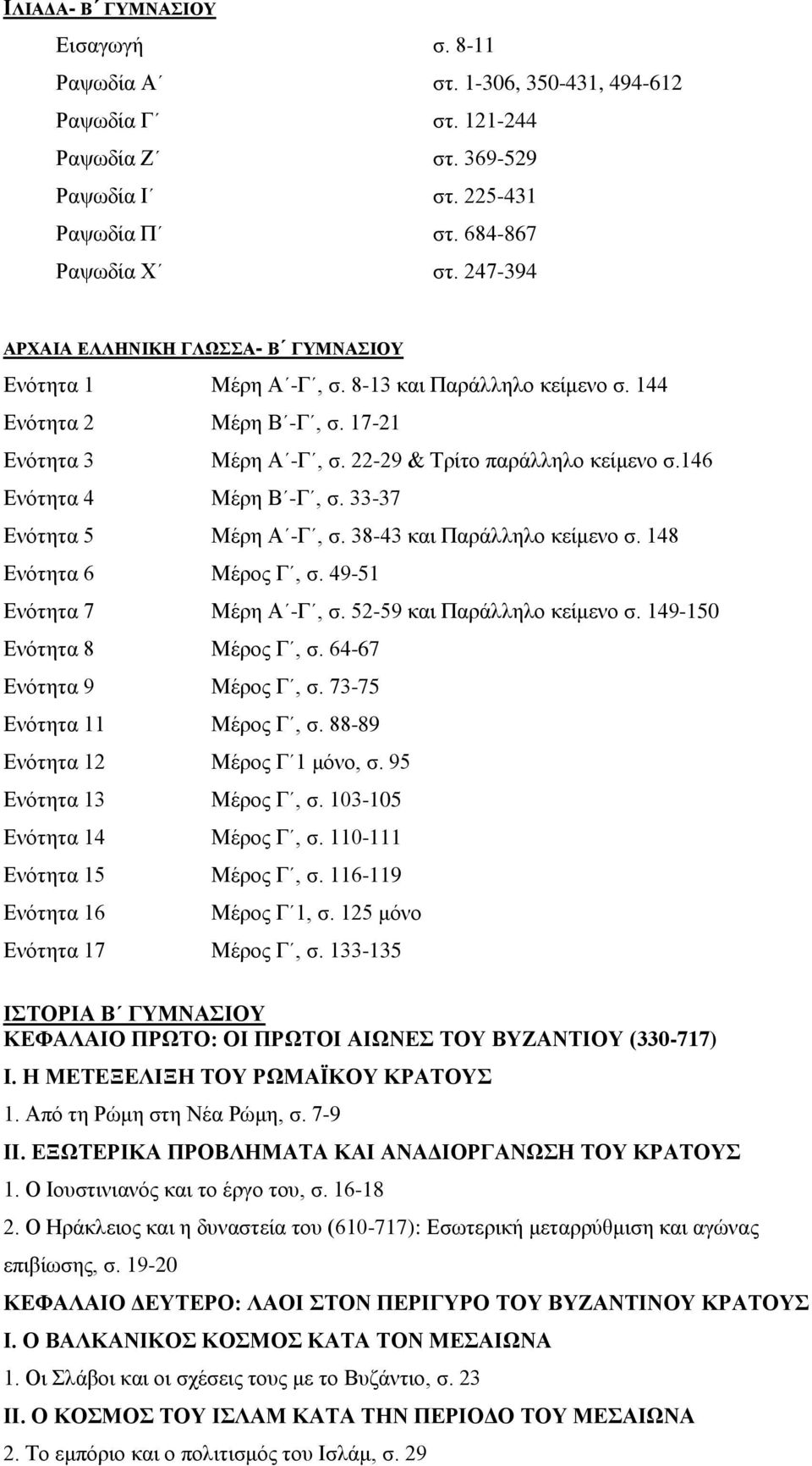 146 Ενότητα 4 Μέρη Β -Γ, σ. 33-37 Ενότητα 5 Μέρη Α -Γ, σ. 38-43 και Παράλληλο κείμενο σ. 148 Ενότητα 6 Μέρος Γ, σ. 49-51 Ενότητα 7 Μέρη Α -Γ, σ. 52-59 και Παράλληλο κείμενο σ.