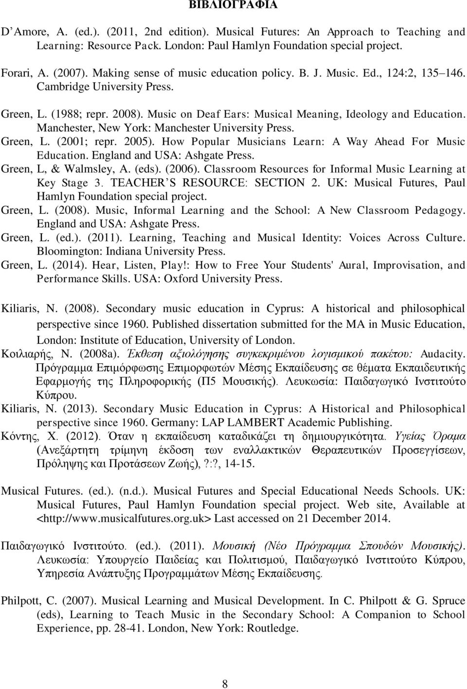 Manchester, New York: Manchester University Press. Green, L. (2001; repr. 2005). How Popular Musicians Learn: A Way Ahead For Music Education. England and USA: Ashgate Press. Green, L, & Walmsley, A.