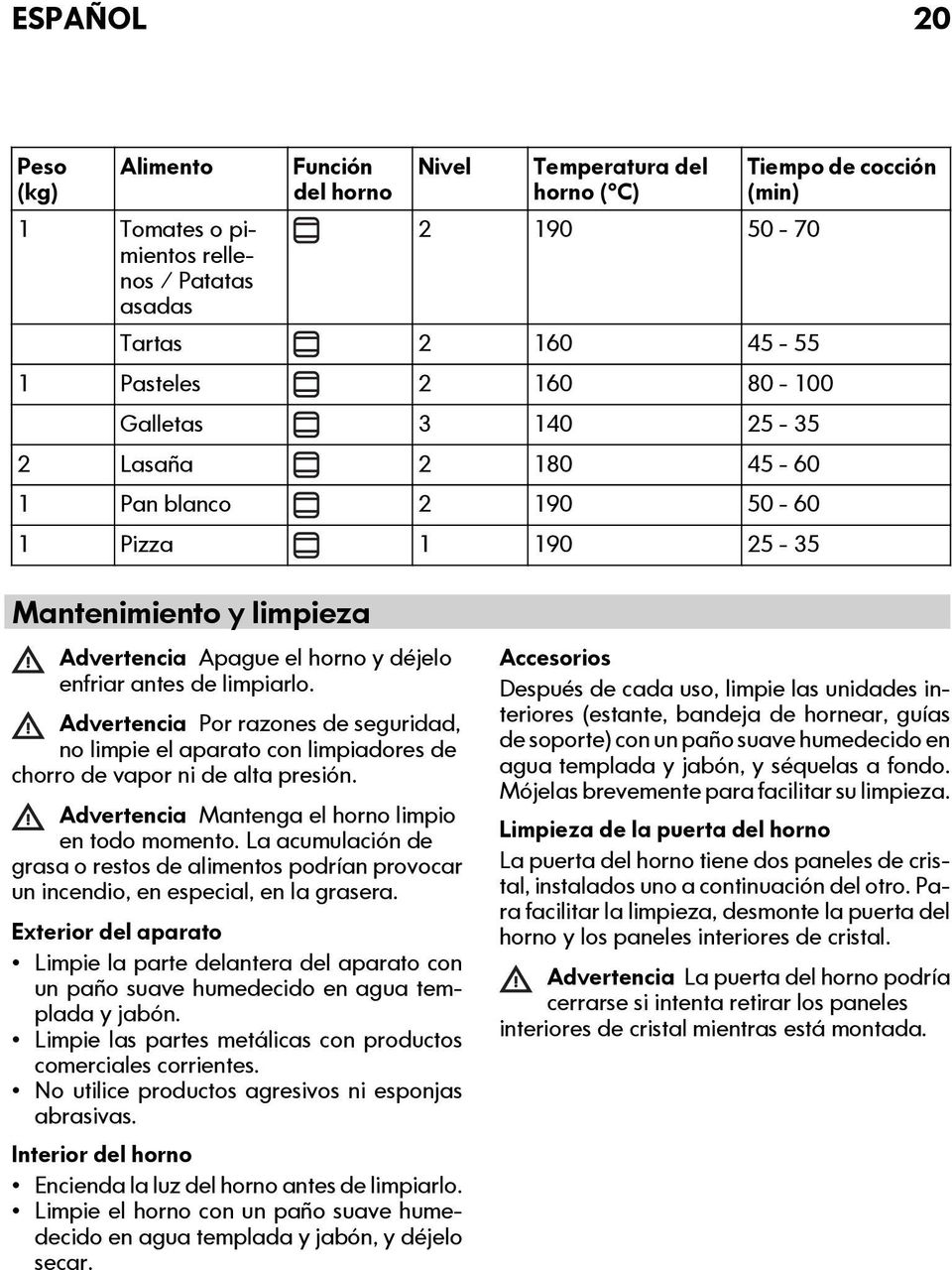 Advertencia Por razones de seguridad, no limpie el aparato con limpiadores de chorro de vapor ni de alta presión. Advertencia Mantenga el horno limpio en todo momento.