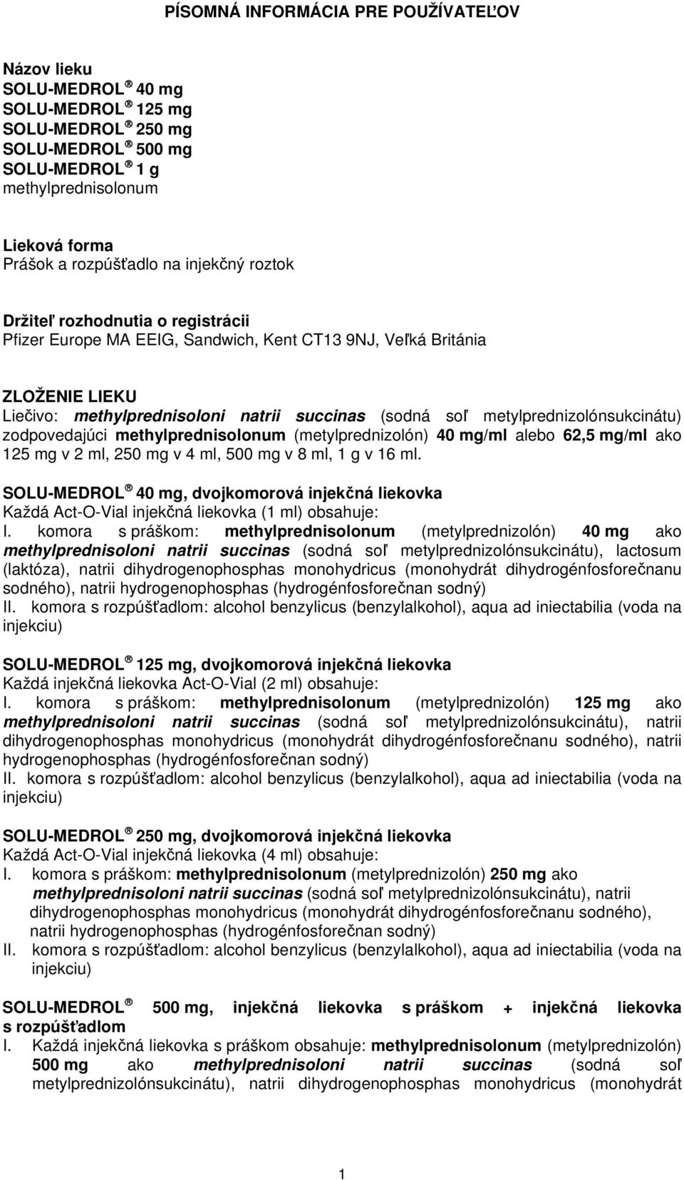 metylprednizolónsukcinátu) zodpovedajúci methylprednisolonum (metylprednizolón) 40 mg/ml alebo 62,5 mg/ml ako 125 mg v 2 ml, 250 mg v 4 ml, 500 mg v 8 ml, 1 g v 16 ml.