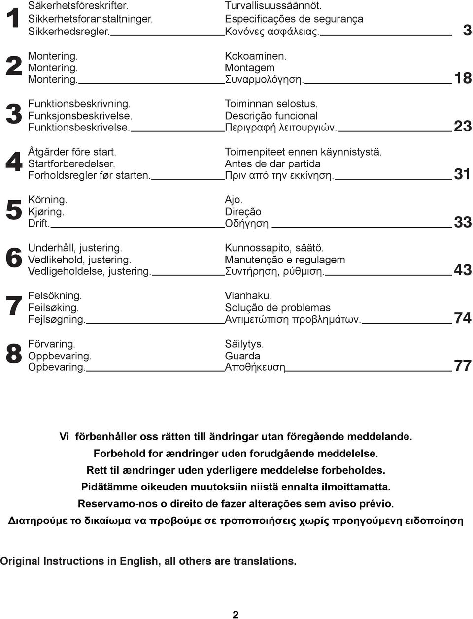 Descrição funcional Funktionsbeskrivelse. Περιγραφή λειτουργιών. 23 före start. Toimenpiteet ennen käynnistystä. Startforberedelser. Antes de dar partida Forholdsregler før starten.