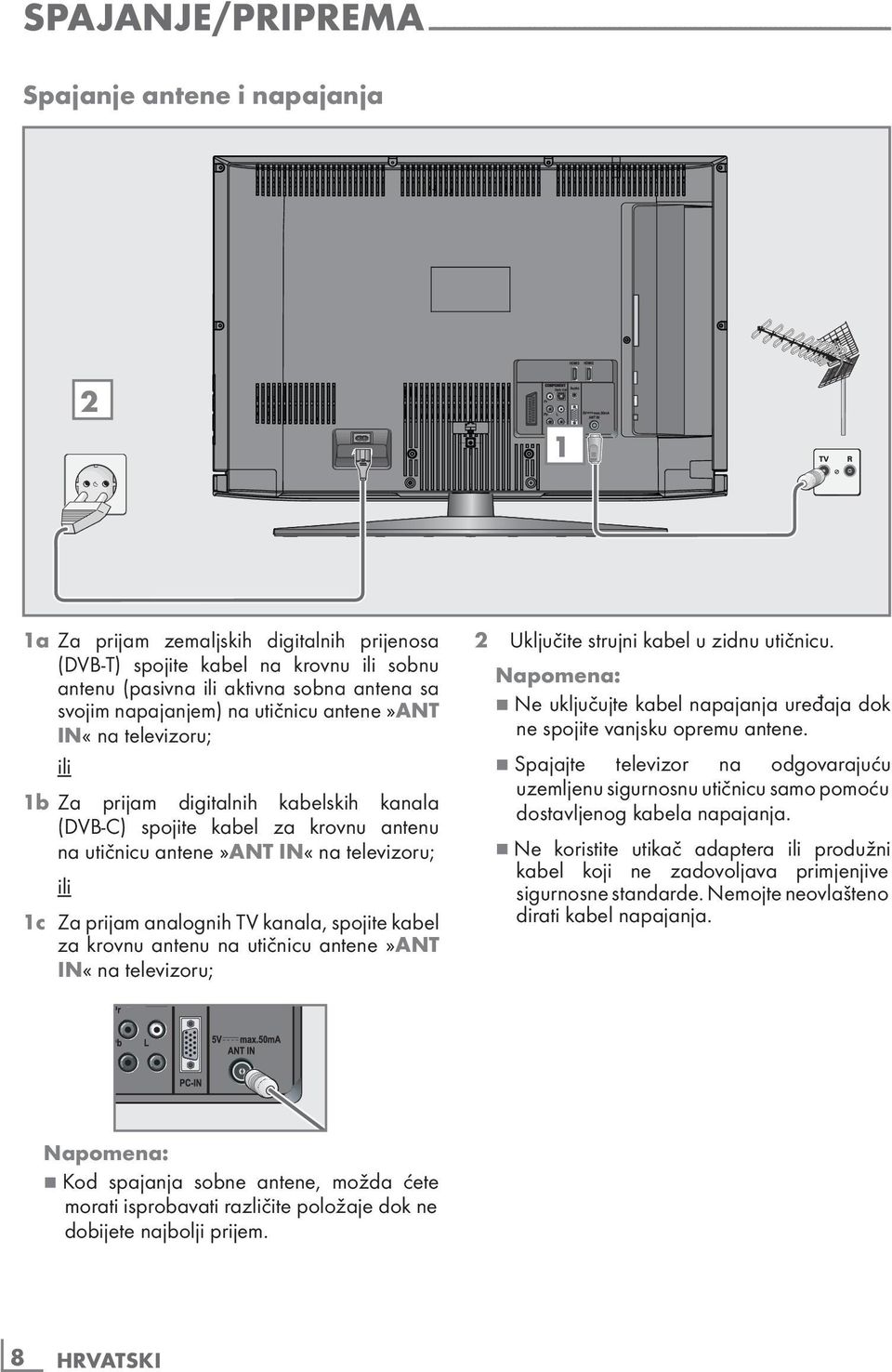 kabel za krovnu antenu na utičnicu antene»ant IN«na televizoru; ili 1c Za prijam analognih TV kanala, spojite kabel za krovnu antenu na utičnicu antene»ant IN«na televizoru; 2 Uključite strujni kabel