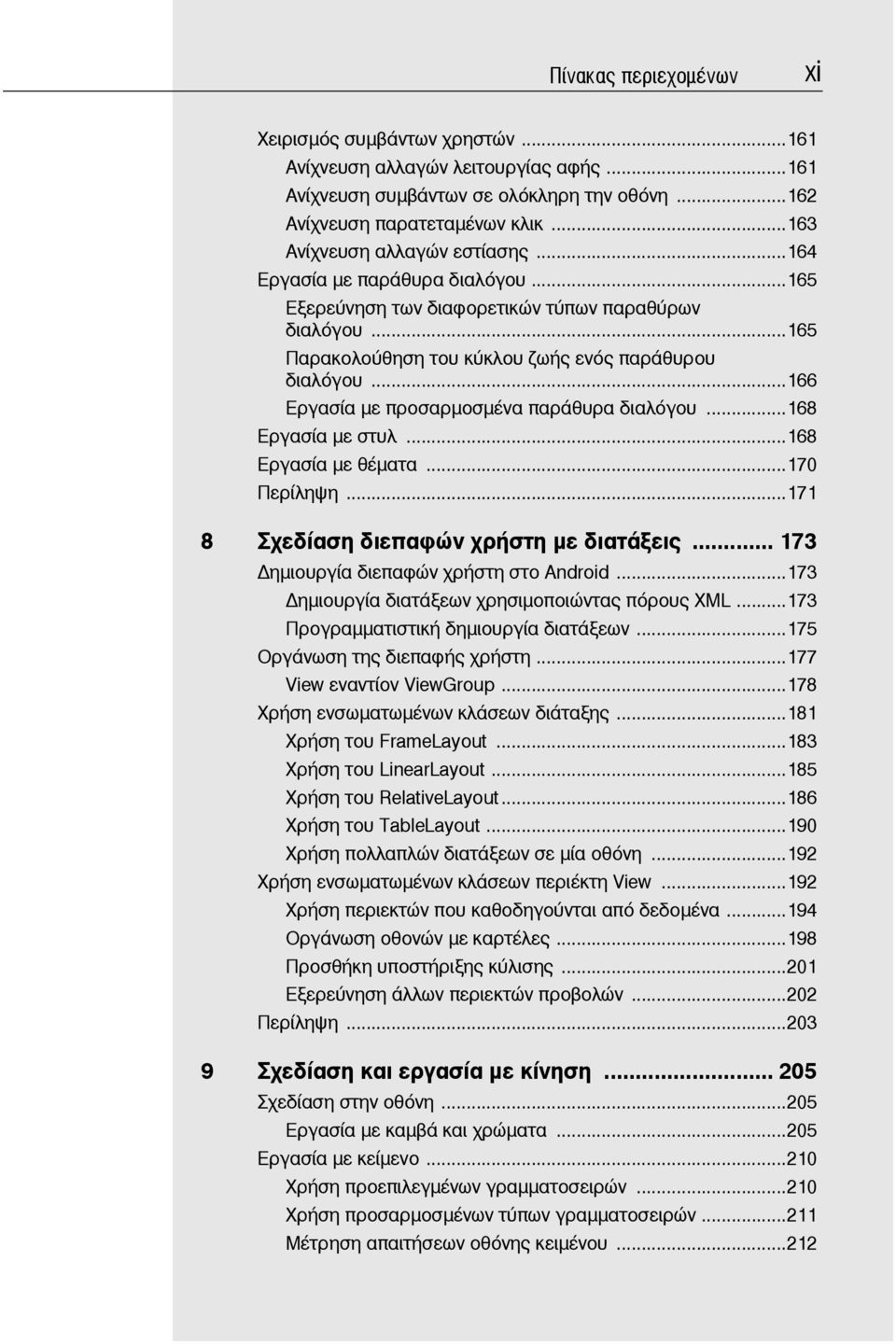 ..166 Εργασία με προσαρμοσμένα παράθυρα διαλόγου...168 Εργασία με στυλ...168 Εργασία με θέματα...170 Περίληψη...171 8 Σχεδίαση διεπαφών χρήστη με διατάξεις... 173 ημιουργία διεπαφών χρήστη στο Android.