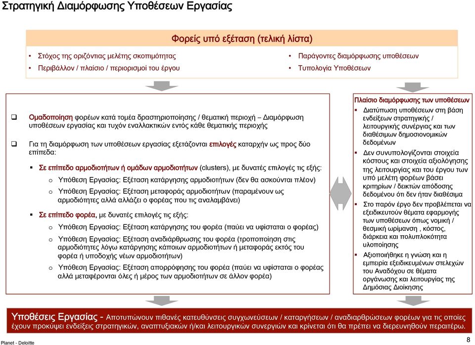 υποθέσεων εργασίας εξετάζονται επιλογές καταρχήν ως προς δύο επίπεδα: Σε επίπεδο αρμοδιοτήτων ή ομάδων αρμοδιοτήτων (clusters), με δυνατές επιλογές τις εξής: o Υπόθεση Εργασίας: Εξέταση κατάργησης