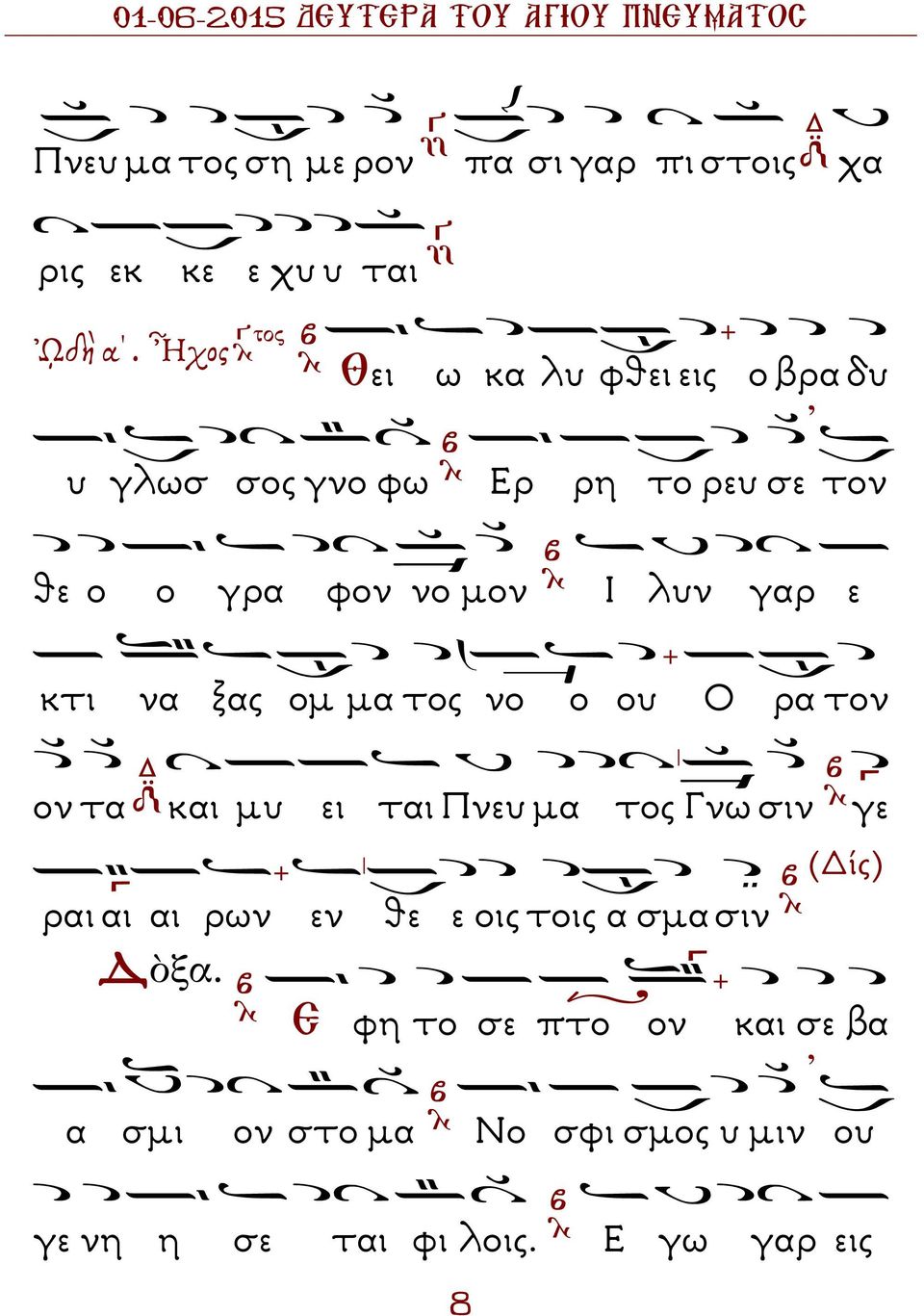 γαρ ε κτι να ξας οµ µα τος νο ο ου Ο ρα τον ον τα και µυ ει ται Πνευ µα τος Γνω σιν γε (Δίς) ραι αι αι