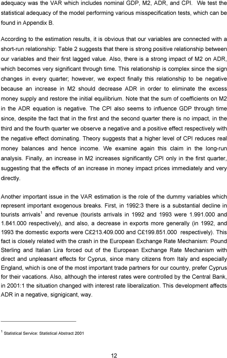 and their first lagged value. Also, there is a strong impact of M2 on ADR, which becomes very significant through time.