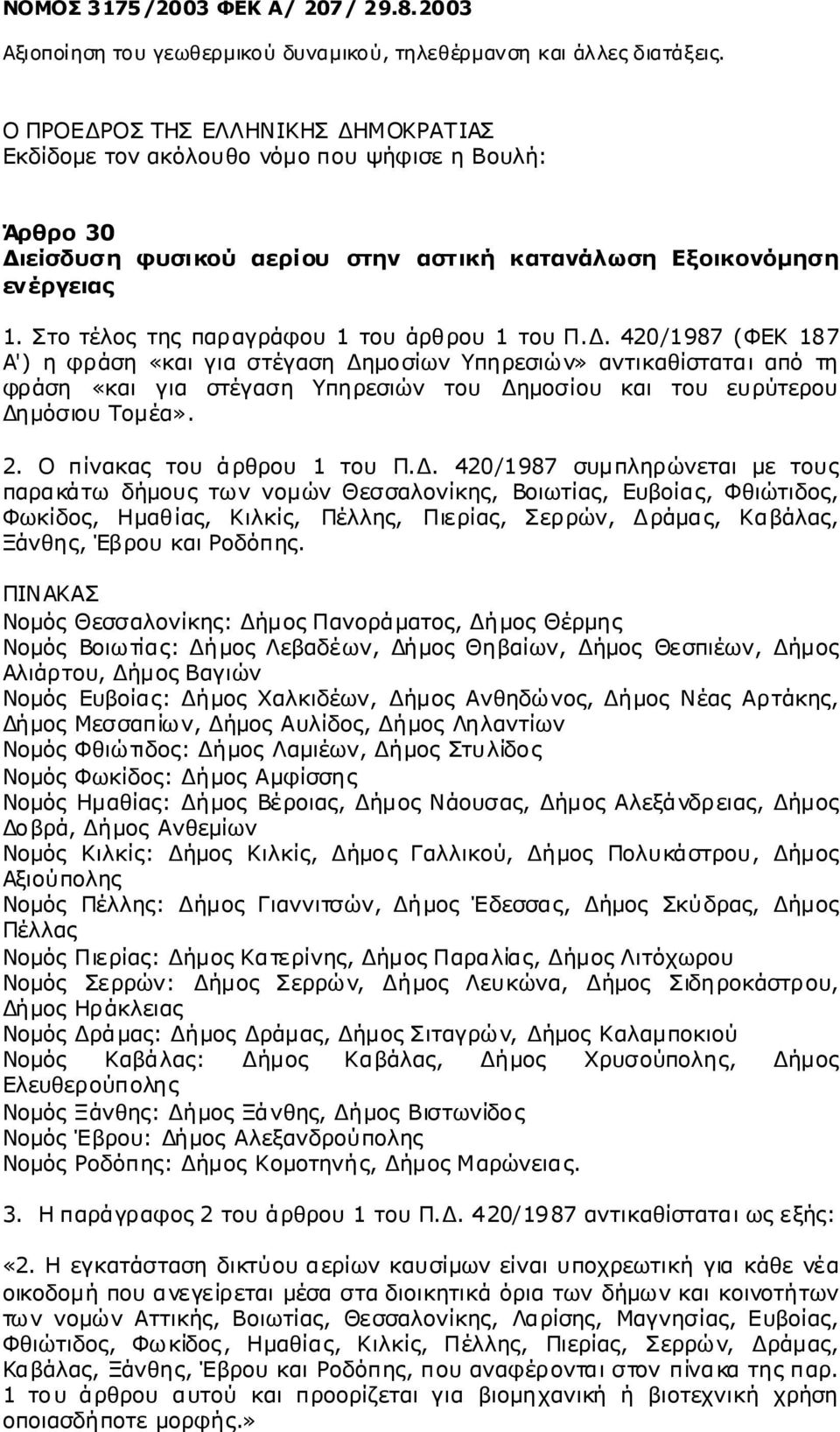 δ. 420/1987 (ΦΕΚ 187 Α') ηφράση «καιγιαστέγαση ΔημοσίωνΥπηρεσιών» αντικαθίσταταιαπό τη φράση «και για στέγαση Υπηρεσιών του Δημοσίου και του ευρύτερου Δημόσιου Τομέα». 2. Ο πίνακας του άρθρου 1 του Π.