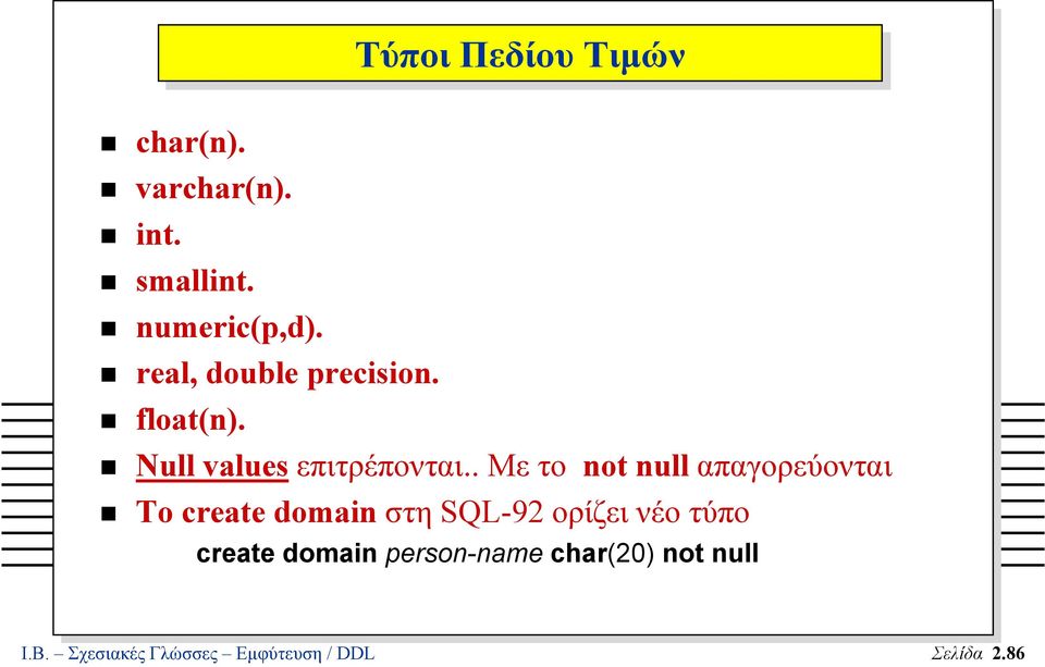 . Με το not null απαγορεύονται Το create domain στη SQL-92 ορίζει νέο τύπο