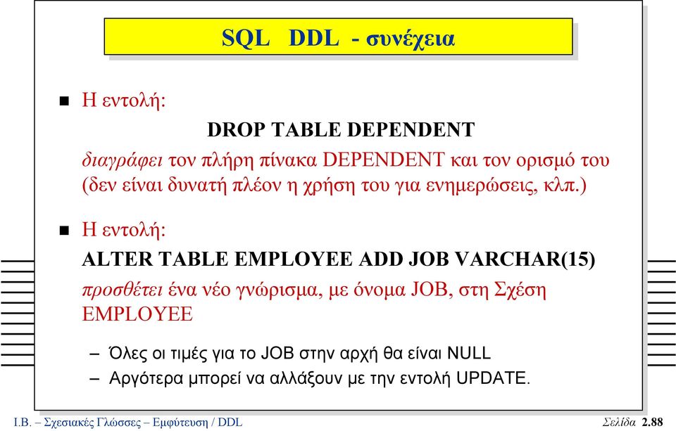 ) Η εντολή: ALTER TABLE EMPLOYEE ADD JOB VARCHAR(15) προσθέτει ένα νέο γνώρισµα, µε όνοµα JOB, στη Σχέση