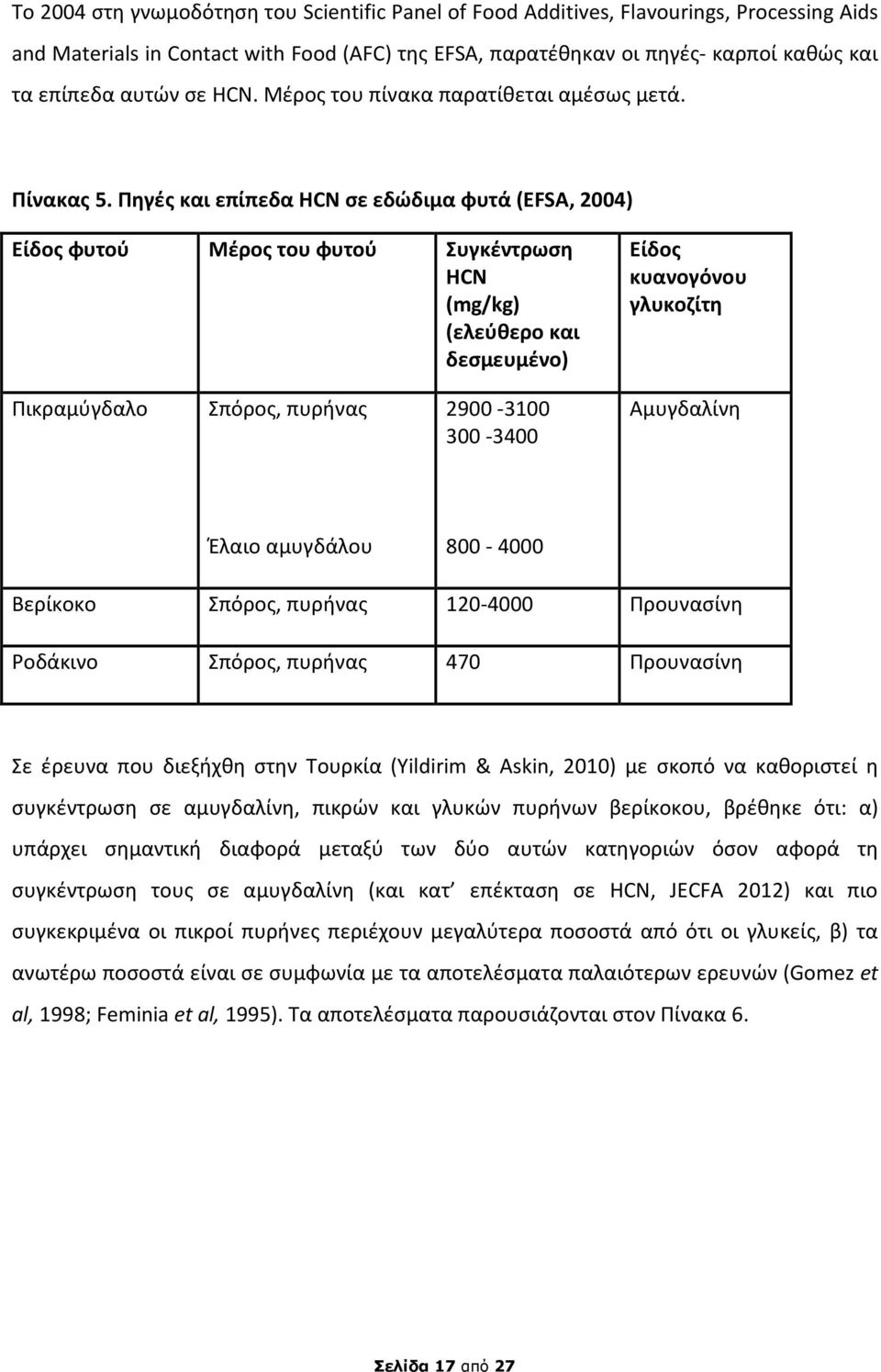 Πηγές και επίπεδα HCN σε εδώδιμα φυτά (EFSA, 2004) Είδος φυτού Μέρος του φυτού Συγκέντρωση HCN (mg/kg) (ελεύθερο και δεσμευμένο) Είδος κυανογόνου γλυκοζίτη Πικραμύγδαλο Σπόρος, πυρήνας 2900-3100