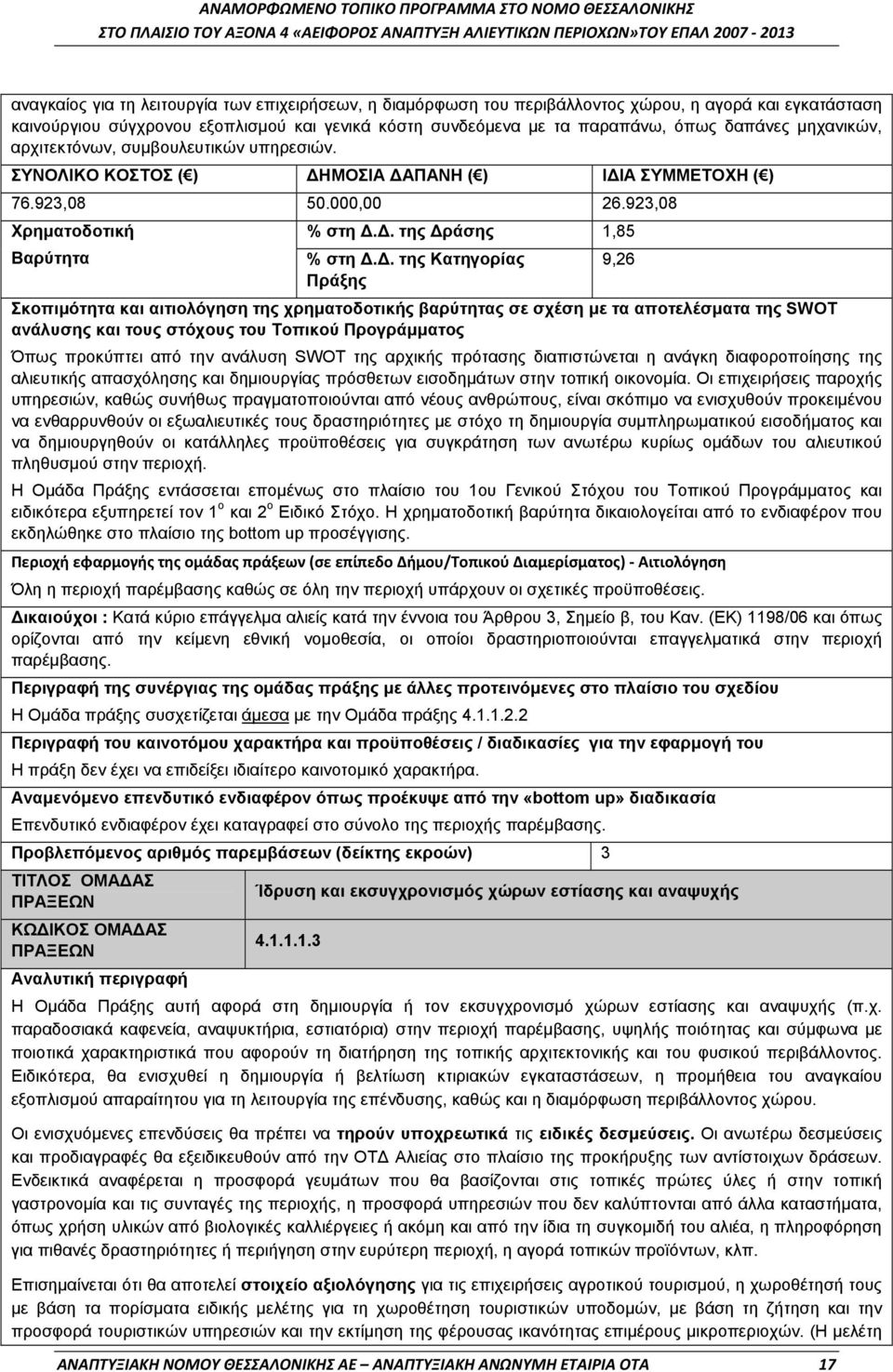 . της Κατηγορίας Πράξης Σκοπιμότητα και αιτιολόγηση της χρηματοδοτικής βαρύτητας σε σχέση με τα αποτελέσματα της SWOT ανάλυσης και τους στόχους του Τοπικού Προγράμματος Όπως προκύπτει από την ανάλυση