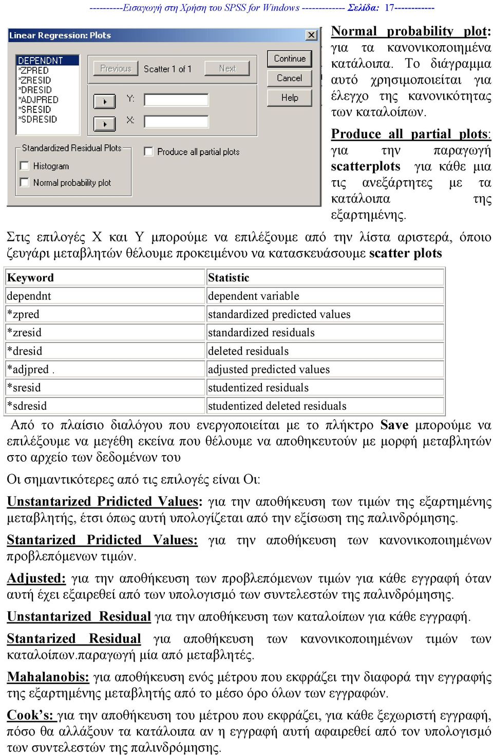Στις επιλογές Χ και Υ µπορούµε να επιλέξουµε από την λίστα αριστερά, όποιο ζευγάρι µεταβλητών θέλουµε προκειµένου να κατασκευάσουµε scatter plots Keyword dependnt *zpred *zresid *dresid *adjpred.