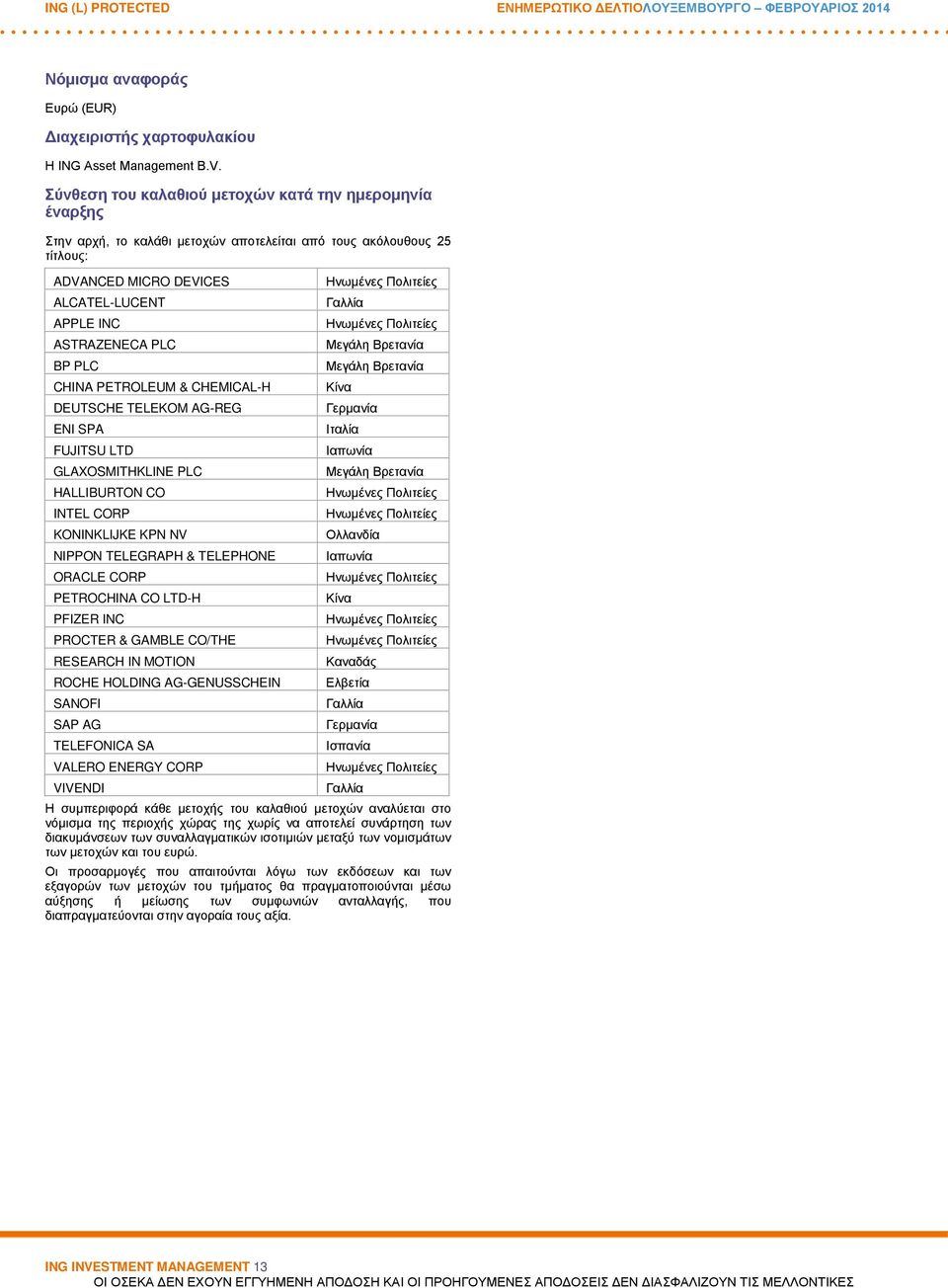 PLC Μεγάλη Βρετανία BP PLC Μεγάλη Βρετανία CHINA PETROLEUM & CHEMICAL-H Κίνα DEUTSCHE TELEKOM AG-REG Γερμανία ENI SPA Ιταλία FUJITSU LTD Ιαπωνία GLAXOSMITHKLINE PLC Μεγάλη Βρετανία HALLIBURTON CO