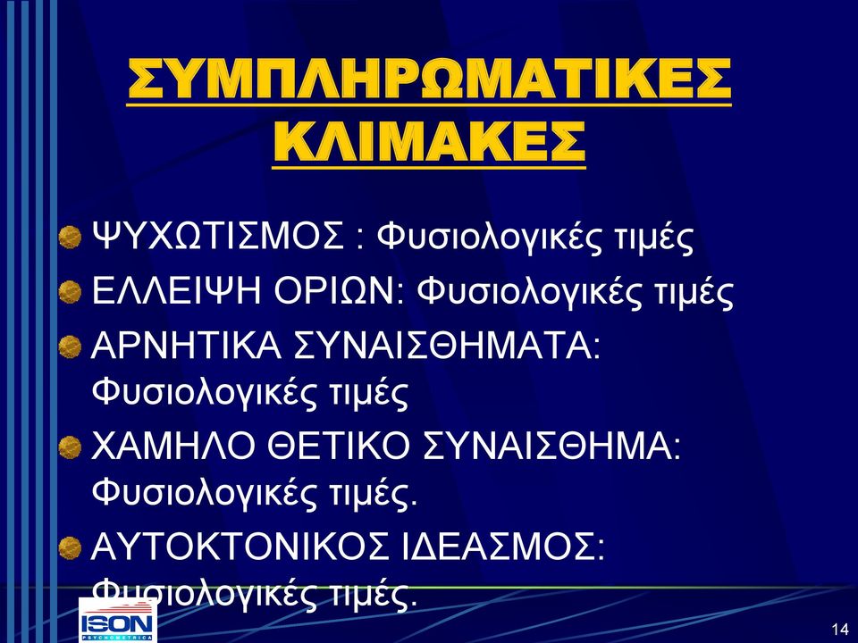 ΣΥΝΑΙΣΘΗΜΑΤΑ: Φυσιολογικές τιμές ΧΑΜΗΛΟ ΘΕΤΙΚΟ