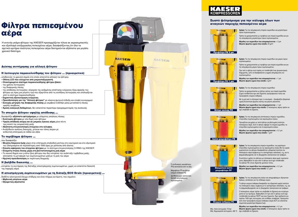 Σωστό φιλτράρισμα για την κάλυψη όλων των αναγκών παροχής πεπιεσμένου Προφίλτρο F µm Χρήση: Για την απομάκρυνση στερεών σωματιδίων και μεγαλύτερων όγκων συμπυκνωμάτων.
