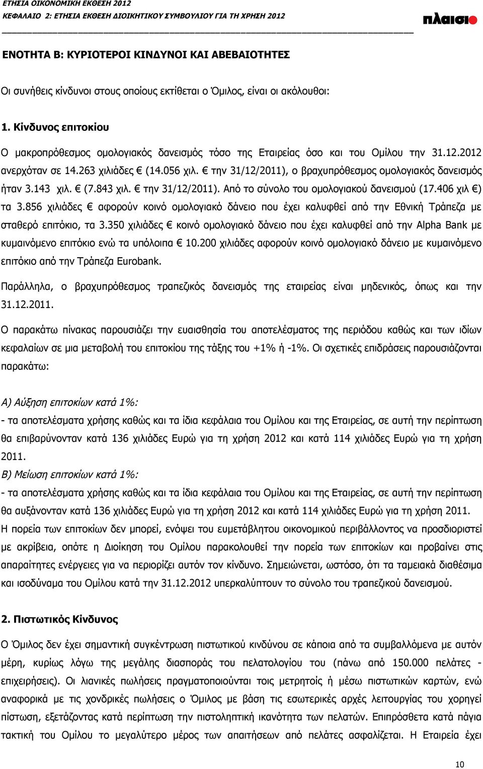 την 31/12/2011), ο βραχυπρόθεσμος ομολογιακός δανεισμός ήταν 3.143 χιλ. (7.843 χιλ. την 31/12/2011). Από το σύνολο του ομολογιακού δανεισμού (17.406 χιλ ) τα 3.