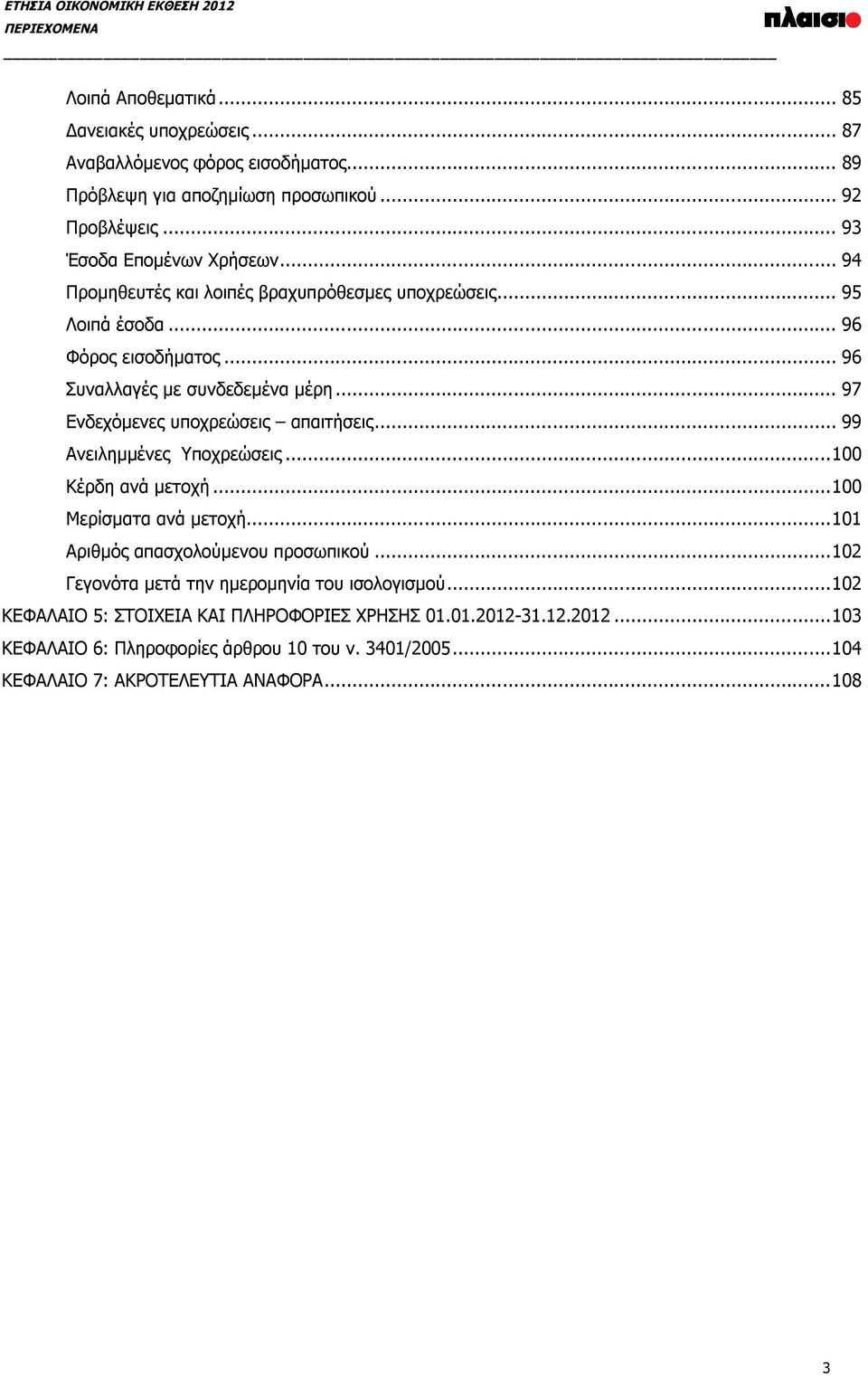 .. 97 Ενδεχόμενες υποχρεώσεις απαιτήσεις... 99 Ανειλημμένες Υποχρεώσεις...100 Κέρδη ανά μετοχή...100 Μερίσματα ανά μετοχή...101 Αριθμός απασχολούμενου προσωπικού.