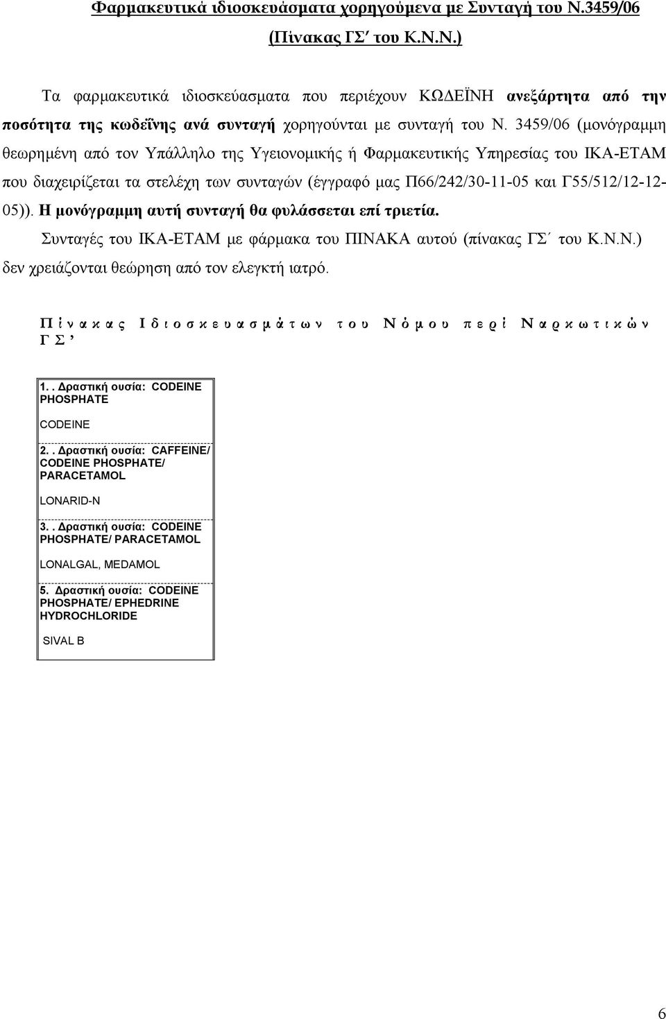 Η µονόγραµµη αυτή συνταγή θα φυλάσσεται επί τριετία. Συνταγές του ΙΚΑ-ΕΤΑΜ µε φάρµακα του ΠΙΝΑΚΑ αυτού (πίνακας ΓΣ του Κ.Ν.Ν.) δεν χρειάζονται θεώρηση από τον ελεγκτή ιατρό.