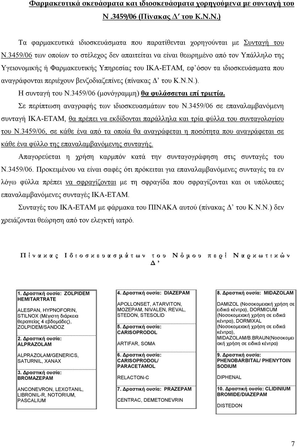 βενζοδιαζεπίνες (πίνακας του Κ.Ν.Ν.). Η συνταγή του Ν.3459/06 (µονόγραµµη) θα φυλάσσεται επί τριετία. Σε περίπτωση αναγραφής των ιδιοσκευασµάτων του Ν.