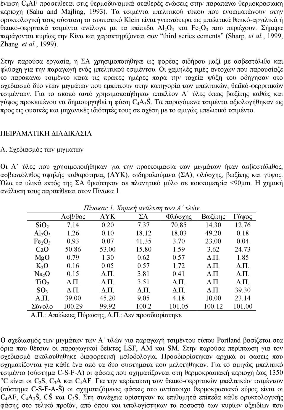 και Fe O που περιέχουν. Σήμερα παράγονται κυρίως την Κίνα και χαρακτηρίζονται σαν third series cements (Sharp, et al., 999, Zhang, et al., 999).