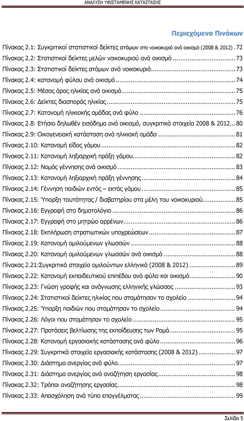 .. 76 Πίνακας 2.8: Ετήσιο δηλωθέν εισόδημα ανά οικισμό, συγκριτικά στοιχεία 2008 & 2012... 80 Πίνακας 2.9: Οικογενειακή κατάσταση ανά ηλικιακή ομάδα... 81 Πίνακας 2.10: Κατανομή είδος γάμου.