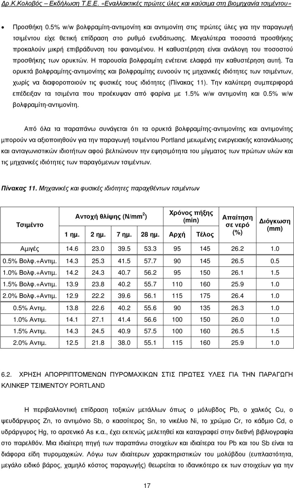 Τα ορυκτά βολφραµίτης-αντιµονίτης και βολφραµίτης ευνοούν τις µηχανικές ιδιότητες των τσιµέντων, χωρίς να διαφοροποιούν τις φυσικές τους ιδιότητες (Πίνακας 11).