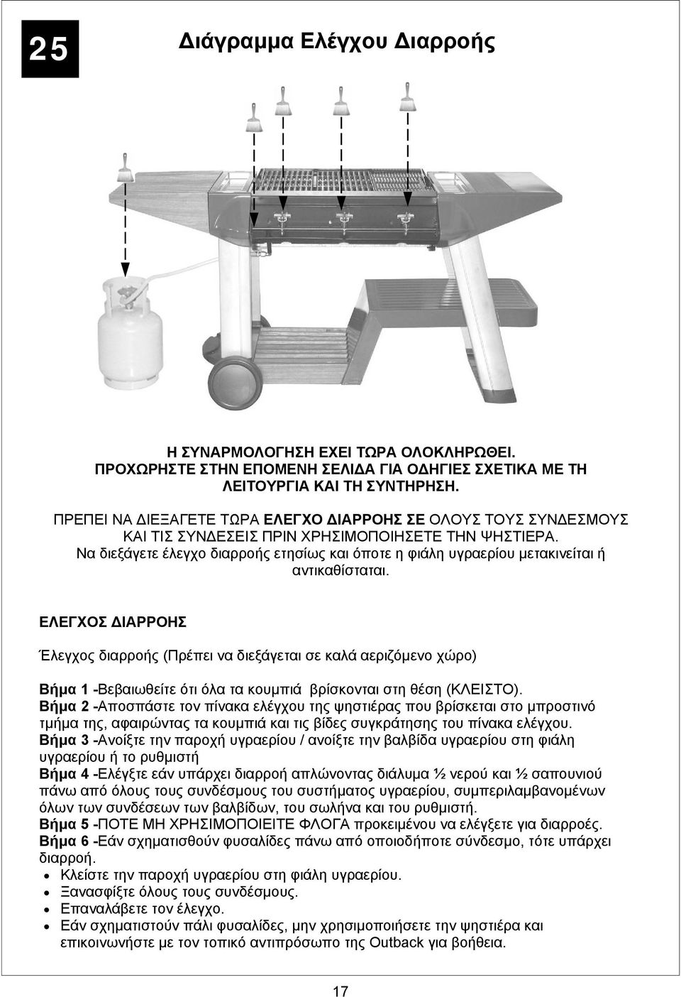 Να διεξάγετε έλεγχο διαρροής ετησίως και όποτε η φιάλη υγραερίου μετακινείται ή αντικαθίσταται.