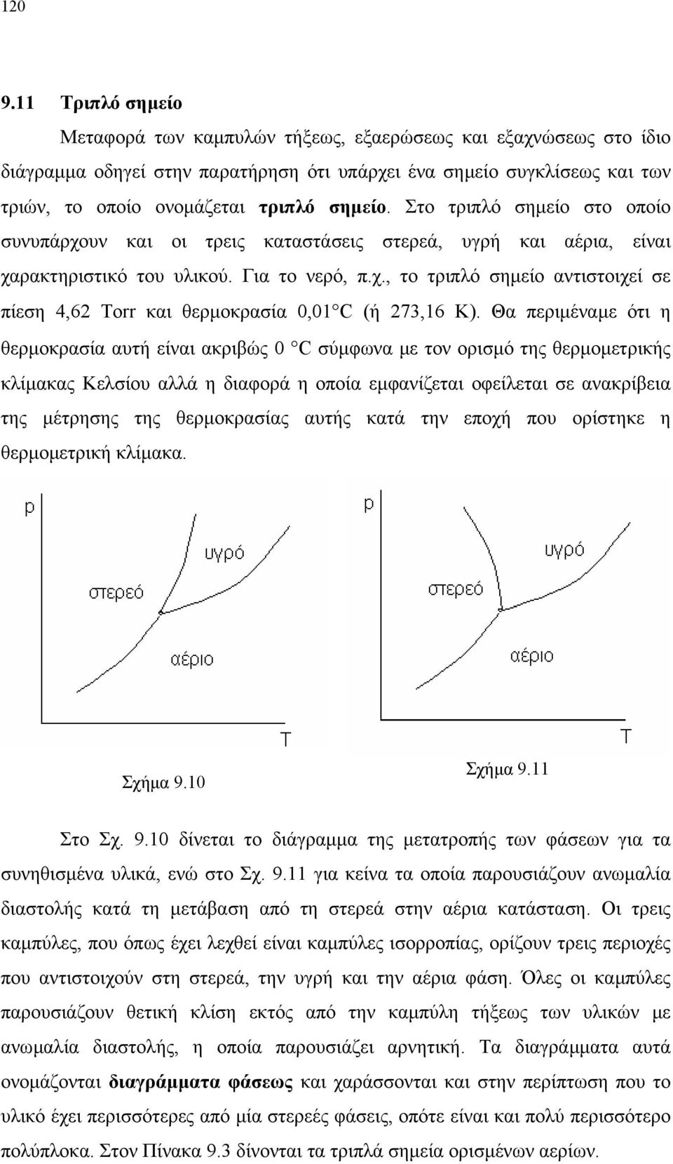 Στο τριπλό σηµείο στο οποίο συνυπάρχουν και οι τρεις καταστάσεις στερεά, υγρή και αέρια, είναι χαρακτηριστικό του υλικού. Για το νερό, π.χ., το τριπλό σηµείο αντιστοιχεί σε πίεση 4,62 Torr και θερµοκρασία 0,01 C (ή 273,16 K).