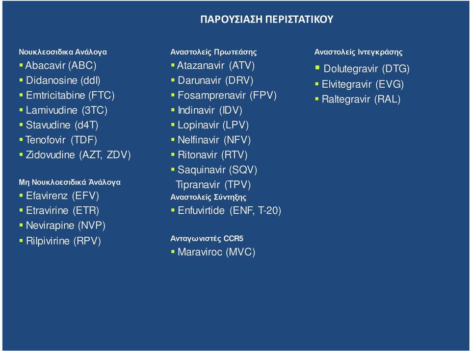 Darunavir (DRV) Fosamprenavir (FPV) Indinavir (IDV) Lopinavir (LPV) Nelfinavir (NFV) Ritonavir (RTV) Saquinavir (SQV) Tipranavir (TPV)