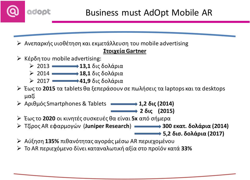 Smartphones & Tablets 1,2 δις (2014) 2 δις (2015) Έως το 2020 οι κινητές συσκευές θα είναι 5x από σήμερα Τζίρος AR εφαρμογών (Juniper Research) 300