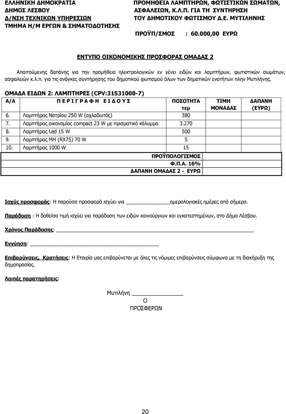 ΟΜΑΔΑ ΕΙΔΩΝ 2: ΛΑΜΠΤΗΡΕΣ (CPV:31531000-7) Α/Α Π Ε Ρ Ι Γ Ρ Α Φ Η Ε Ι Δ Ο Υ Σ ΠΟΣΟΤΗΤΑ τεμ 6. Λαμπτήρας Νατρίου 250 W (αχλαδωτός) 380 7. Λαμπτήρας οικονομίας compact 23 W με πρισματικό κάλυμμα 3.270 8.