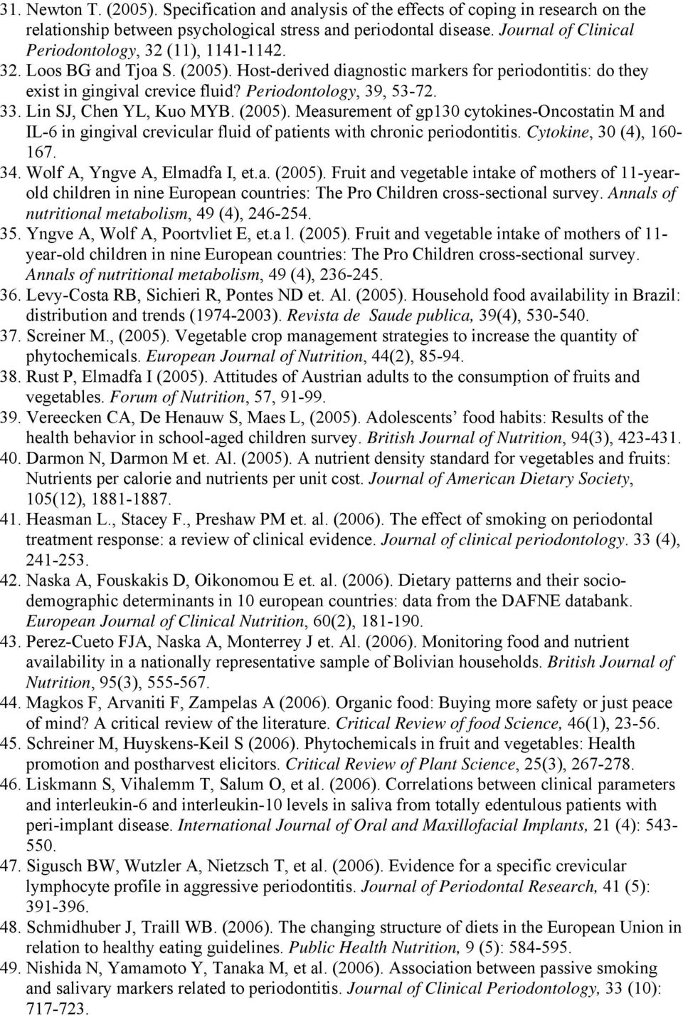 Periodontology, 39, 53-72. 33. Lin SJ, Chen YL, Kuo MYB. (2005). Measurement of gp130 cytokines-oncostatin M and IL-6 in gingival crevicular fluid of patients with chronic periodontitis.