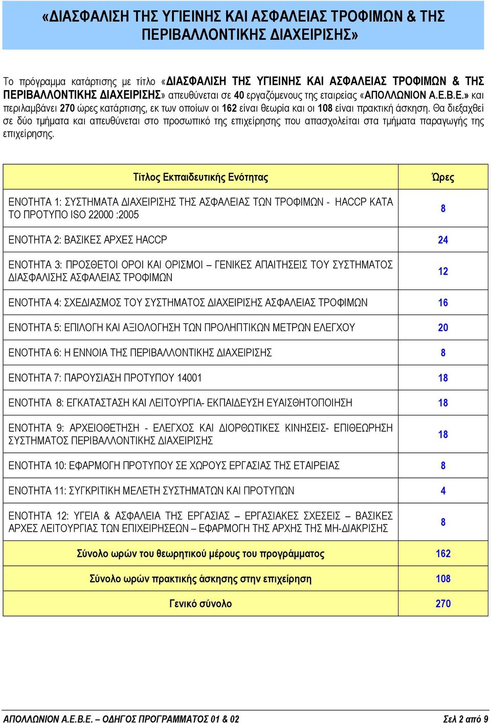 Θα διεξαχθεί σε δύο τµήµατα και απευθύνεται στο προσωπικό της επιχείρησης που απασχολείται στα τµήµατα παραγωγής της επιχείρησης.