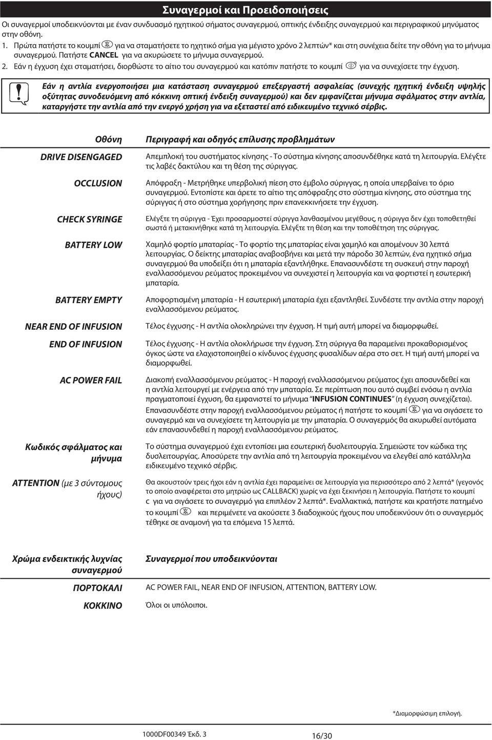 2. Εάν η έγχυση έχει σταματήσει, διορθώστε το αίτιο του συναγερμού και κατόπιν πατήστε το κουμπί b για να συνεχίσετε την έγχυση.