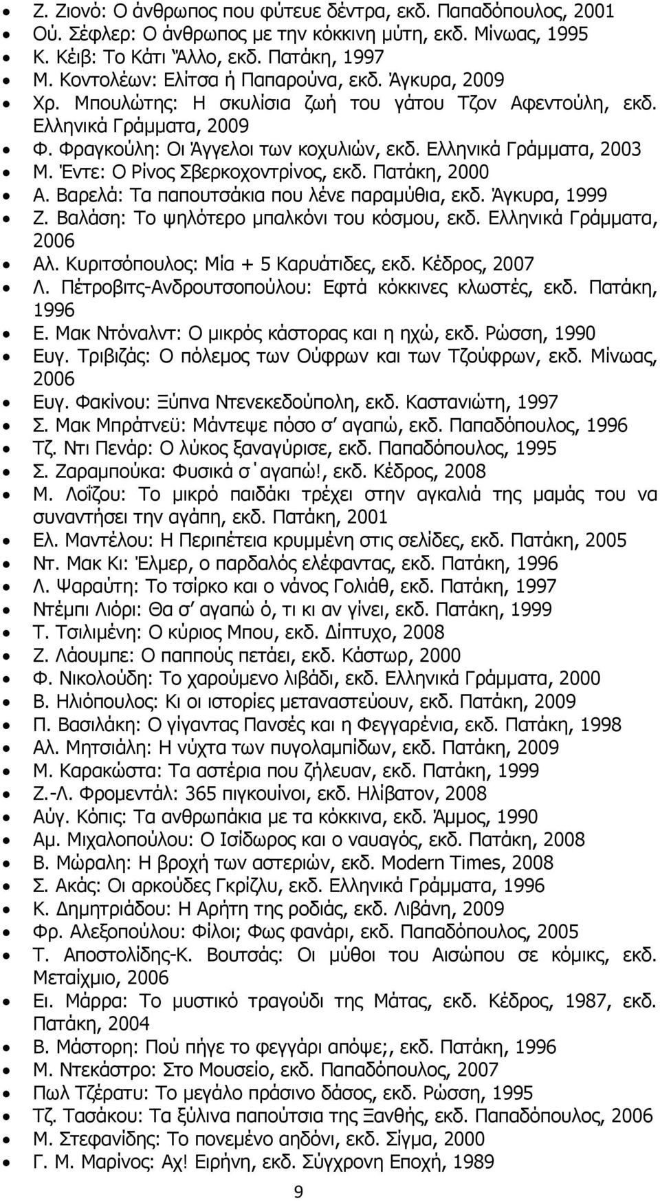 Ελληνικά Γράµµατα, 2003 Μ. Έντε: Ο Ρίνος Σβερκοχοντρίνος, εκδ. Πατάκη, 2000 Α. Βαρελά: Τα παπουτσάκια που λένε παραµύθια, εκδ. Άγκυρα, 1999 Ζ. Βαλάση: Το ψηλότερο µπαλκόνι του κόσµου, εκδ.