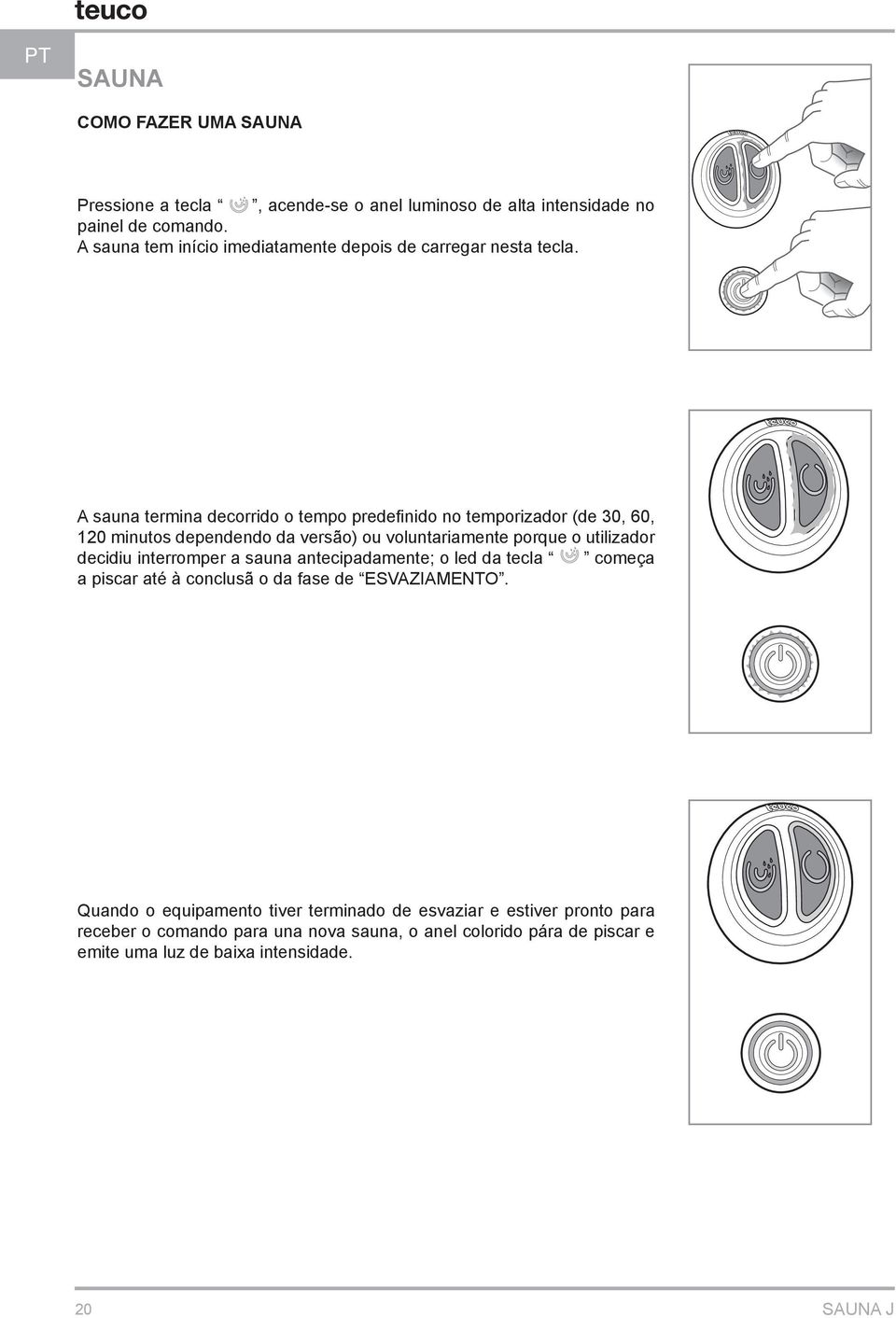 A sauna termina decorrido o tempo predefinido no temporizador (de 30, 60, 120 minutos dependendo da versão) ou voluntariamente porque o utilizador decidiu