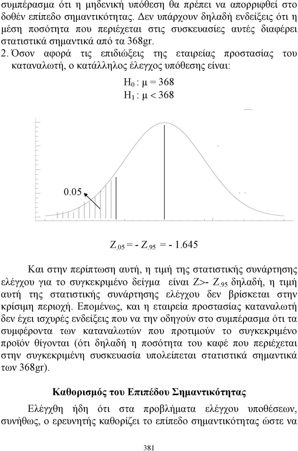 . Όσον αφορά τις επιδιώξεις της εταιρείας προστασίας του καταναλωτή, ο κατάλληλος έλεγχος υπόθεσης είναι: H : = 368 H 1 : < 368.5 Z.5 = - Z.95 = - 1.