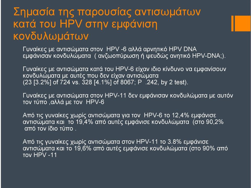 Γυναίκες µε αντισώµατα στον HPV-11 δεν εµφάνισαν κονδυλώµατα µε αυτόν τον τύπο,αλλά µε τον HPV-6 Από τις γυναίκες χωρίς αντισώµατα για τον ΗPV-6 το 12,4% εµφάνισε αντισώµατα και το 19,4% από