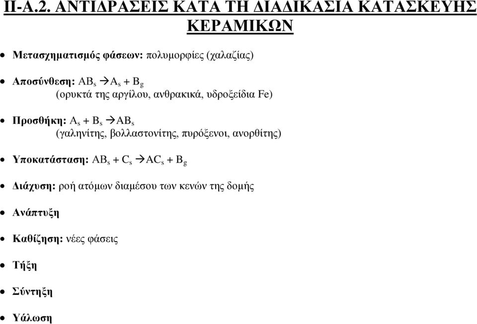 (χαλαζίας) Αποσύνθεση: ΑΒ s A s + B g (ορυκτά της αργίλου, ανθρακικά, υδροξείδια Fe) Προσθήκη: Α