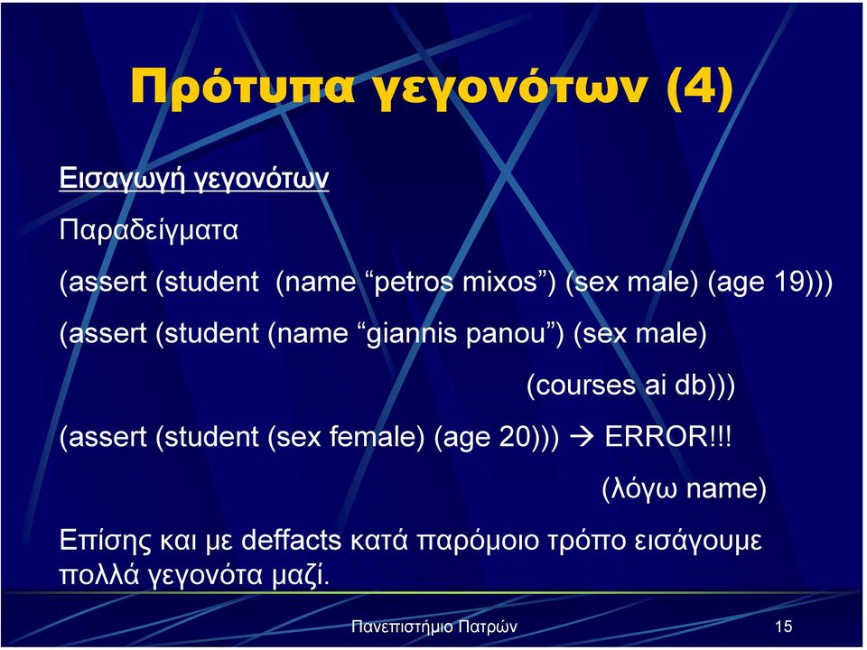 (courses ai db))) (assert (student (sex female) (age 20))) ERROR!