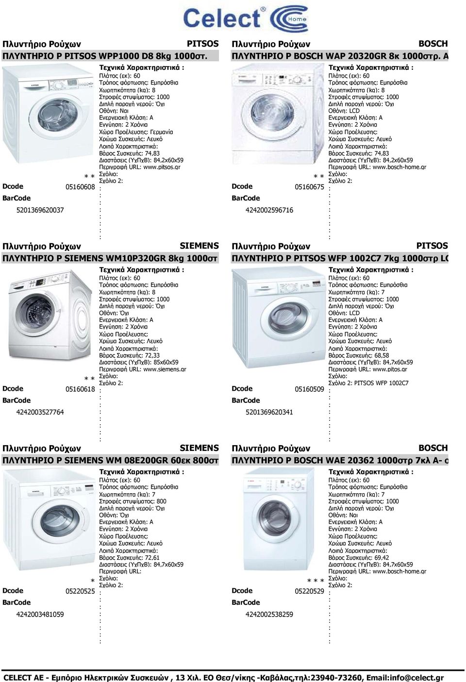 Γερμανία Χρώμα Συσκευής Λευκό Λοιπά Χαρακτηριστικά Βάρος Συσκευής 74,83 ιαστάσεις (ΥχΠχΒ) 84,2x60x59 Περιγραφή URL www.pitsos.