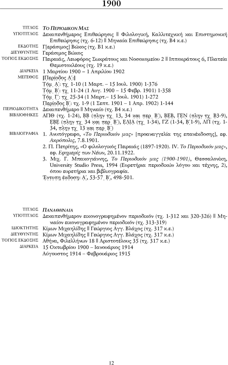 1901 1 Απρ. 1902) 1-144 Δεκαπενθήμερο Μηνιαίο (τχ. Β4 κ.ε.) ΑΠΘ (τχ. 1-24), ( 13, 34 ),, ( 3-9), ( 34 ), ( 1-34), ΓΖ (1-34, 1-9), ΛΠ (τχ. 1-34, 13 ) 1.